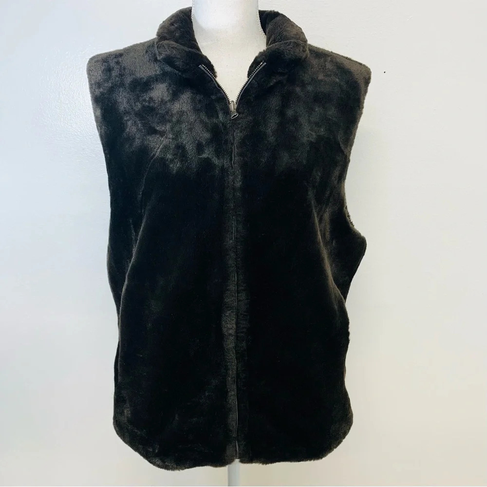 Bill Blass Faux Fur Vest Woman Large Brown Reversible Pockets Outdoor Work Boho